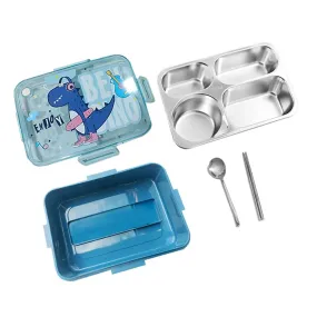 Big Size Stainless Steel Lunch Box /Tiffin for Kids and Adults, Blue Dino with Steel Spoon and Steel Chopsticks for Kids and Adults