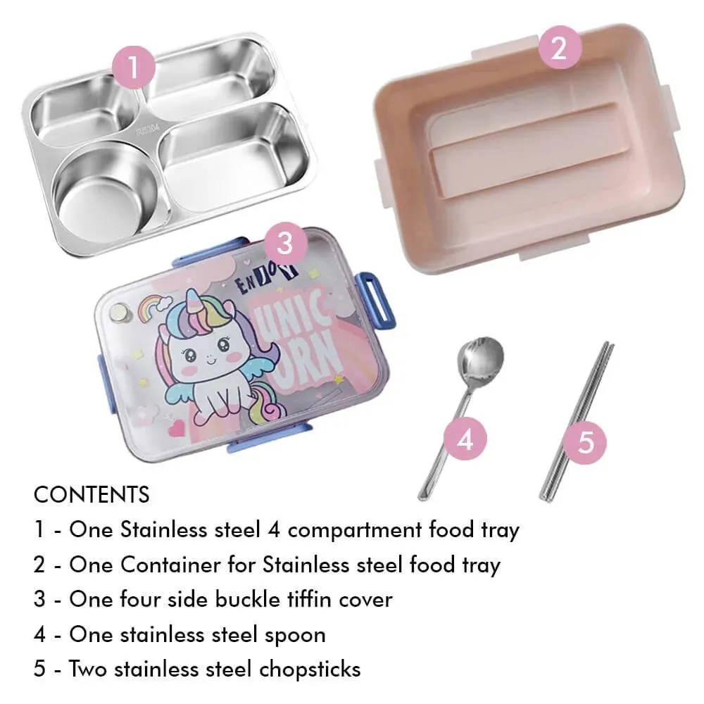 Big Size Stainless Steel Lunch Box /Tiffin for Kids and Adults, Pink Uni with Steel Spoon and Steel Chopsticks for Kids and Adults