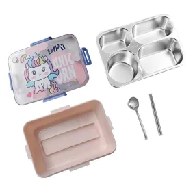 Big Size Stainless Steel Lunch Box /Tiffin for Kids and Adults, Pink Uni with Steel Spoon and Steel Chopsticks for Kids and Adults