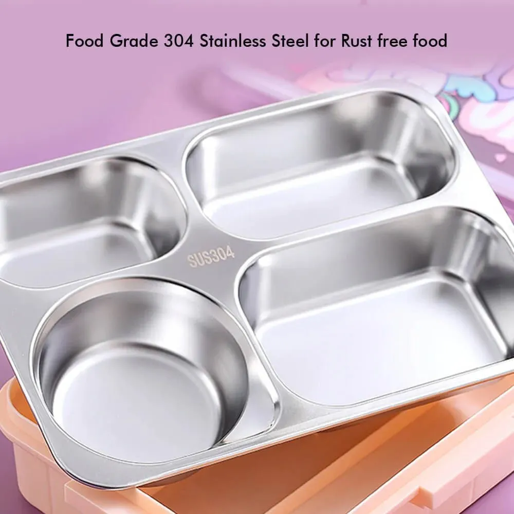 Big Size Stainless Steel Lunch Box /Tiffin for Kids and Adults, Pink Uni with Steel Spoon and Steel Chopsticks for Kids and Adults