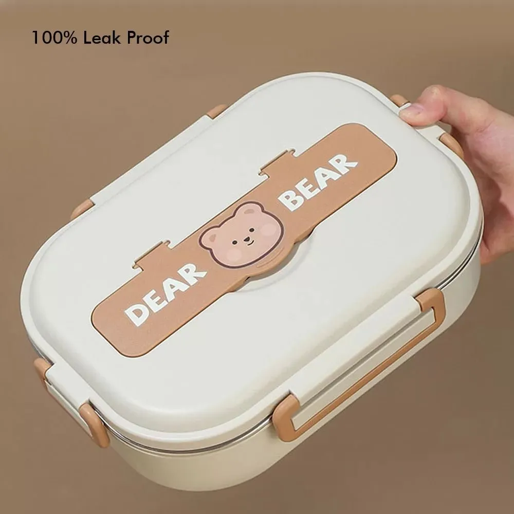 Big Size Stainless Steel Lunch Box /Tiffin with Insulated Matching Lunch Bag for Kids and Adults, Cream Brown Bear