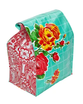 Freckled Sage Oilcloth Lunch Bag Rose and Grid Aqua