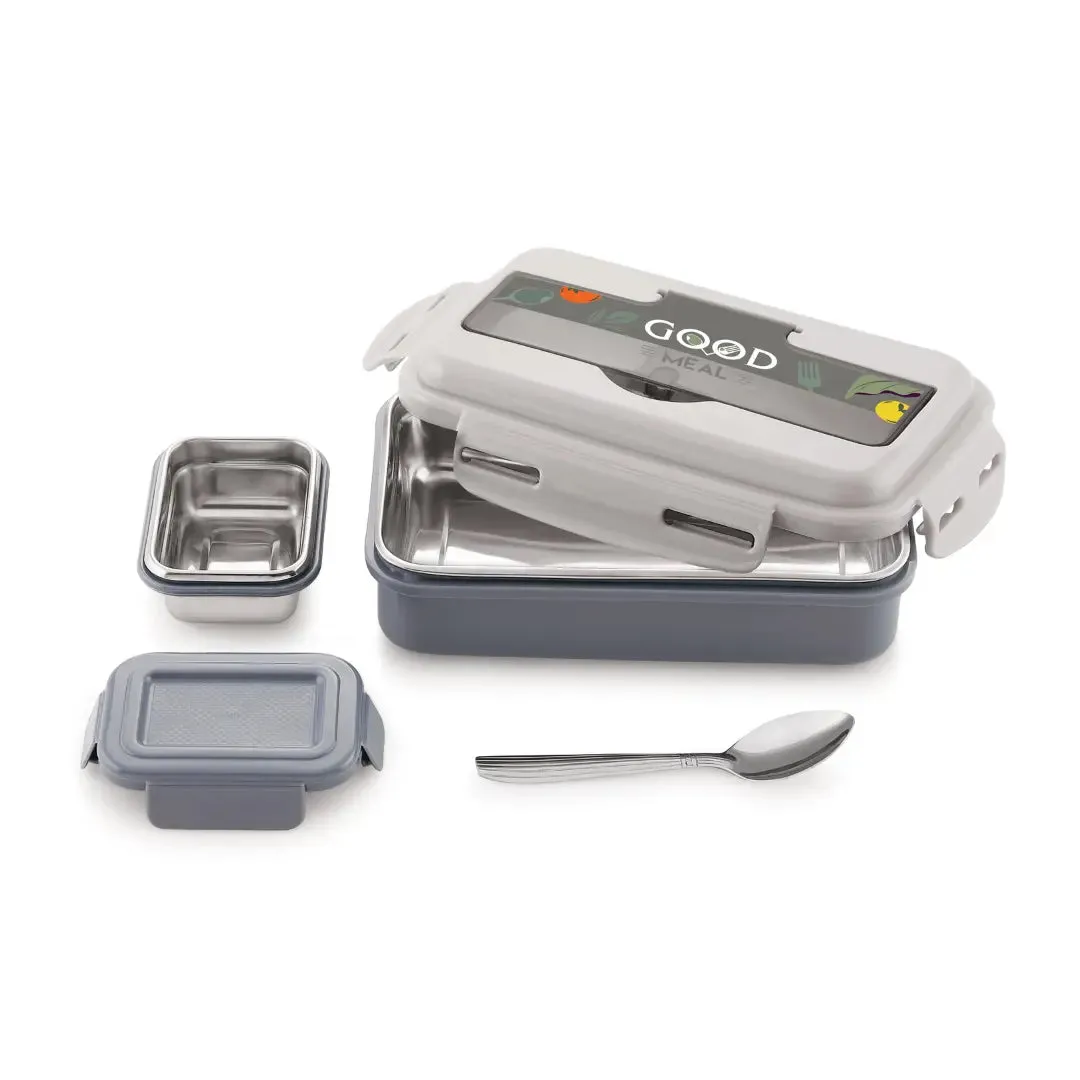 Grey  2 Compartment Stainless Steel Lunch Box for School Going Kids(700ML)