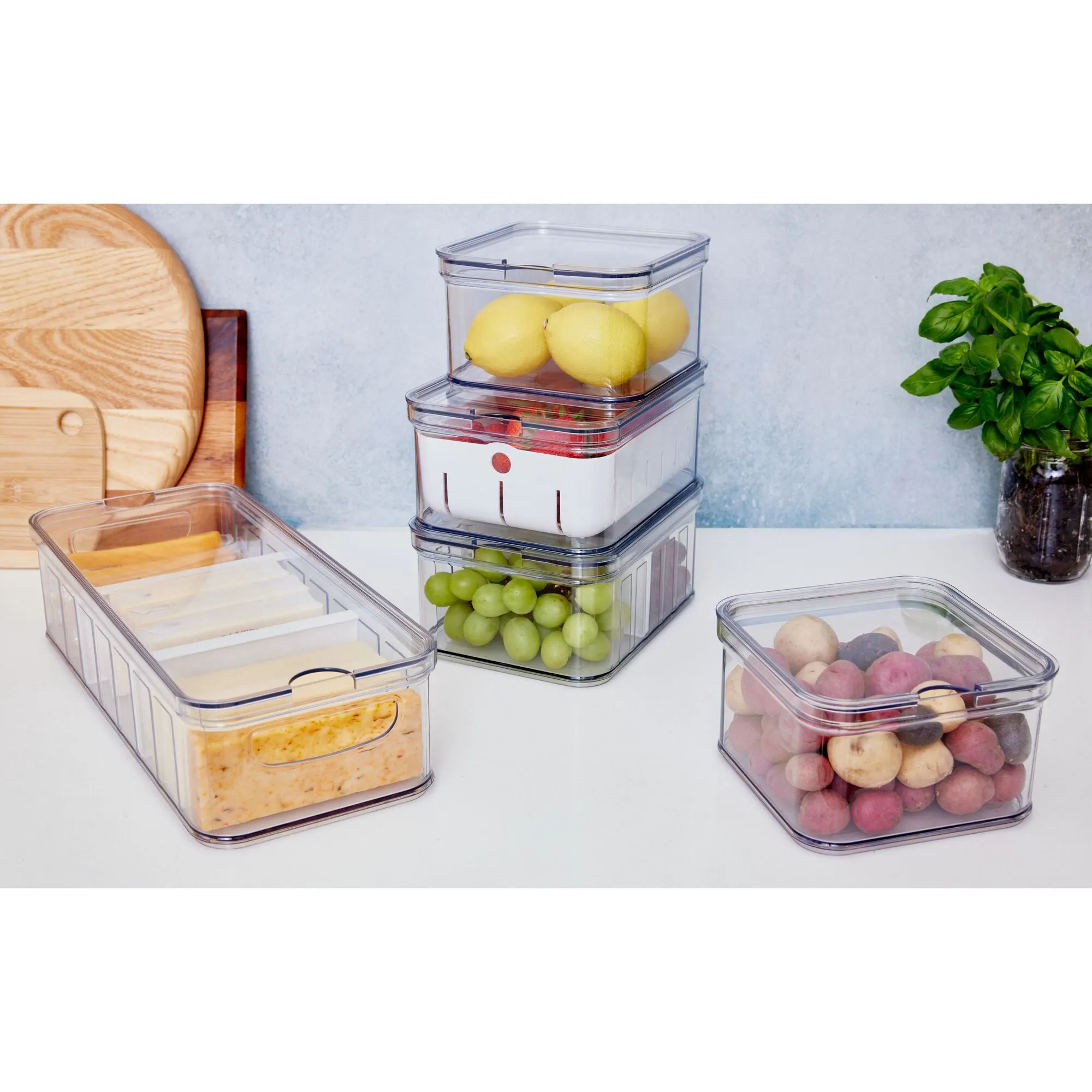 iDesign 5-Piece Recycled Plastic Crisp Refrigerator Organizer Bin Set with Lids