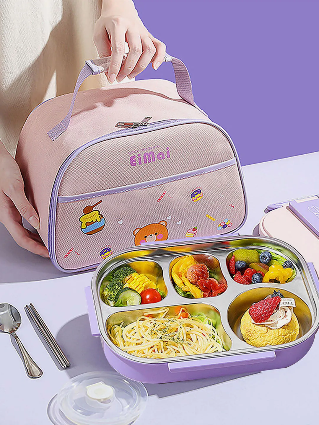 Little Surprise Box Purple Teddy Big Size Size Stainless Steel Lunch Box /Tiffin with Insulated Matching Lunch Bag.