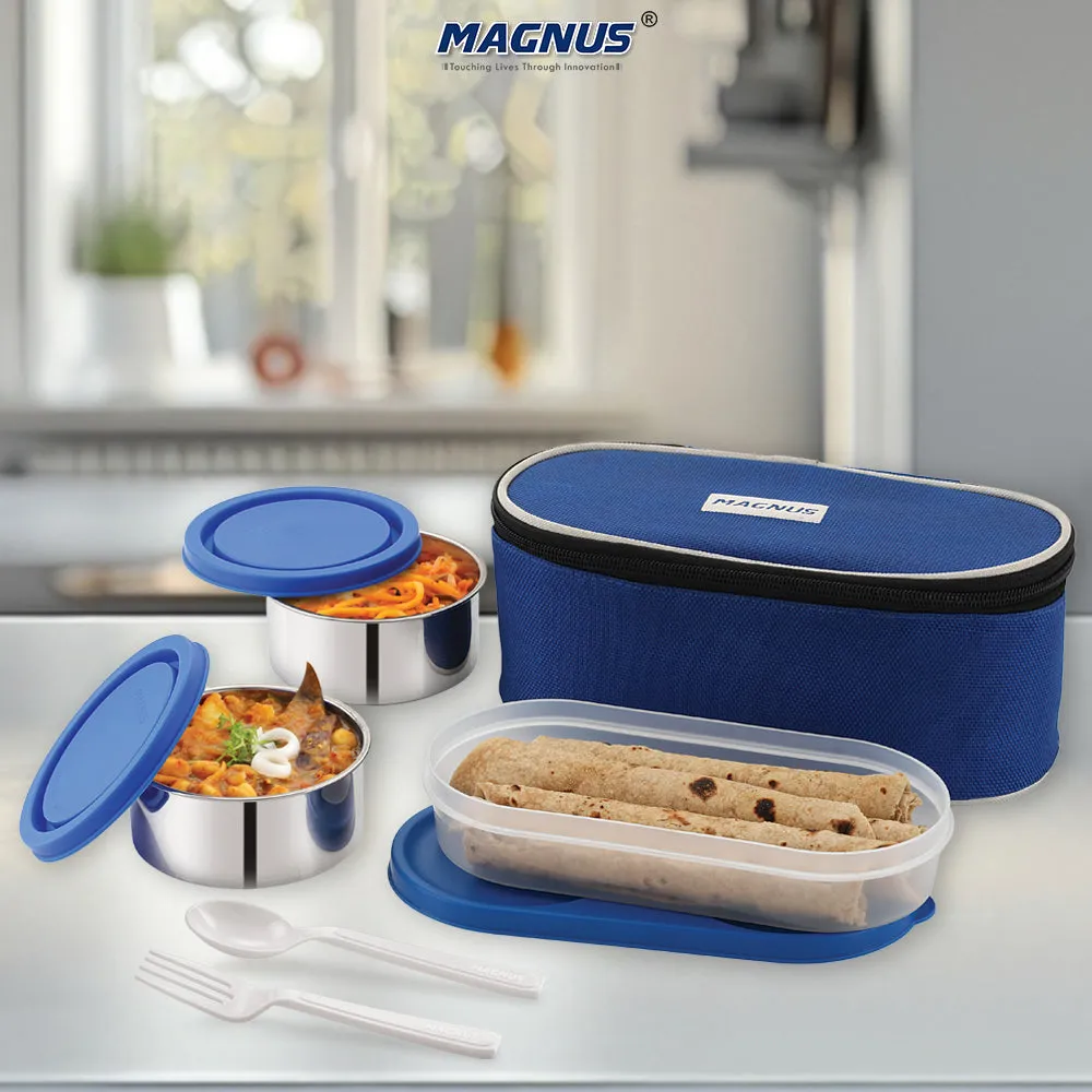 Magnus Super 3 Lunch Box Set | Stainless Steel Lunch Box for Kids | Leak-Proof Lunch Boxes for Office Men & Women | Compact, Air-Tight Design | 1010 ml, Blue