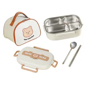 Medium Size Stainless Steel Lunch Box /Tiffin with Insulated Matching Vertical Lunch Bag for Kids and Adults, Cream Brown Bear with Steel Spoon and Steel Chopsticks for Kids and Adults