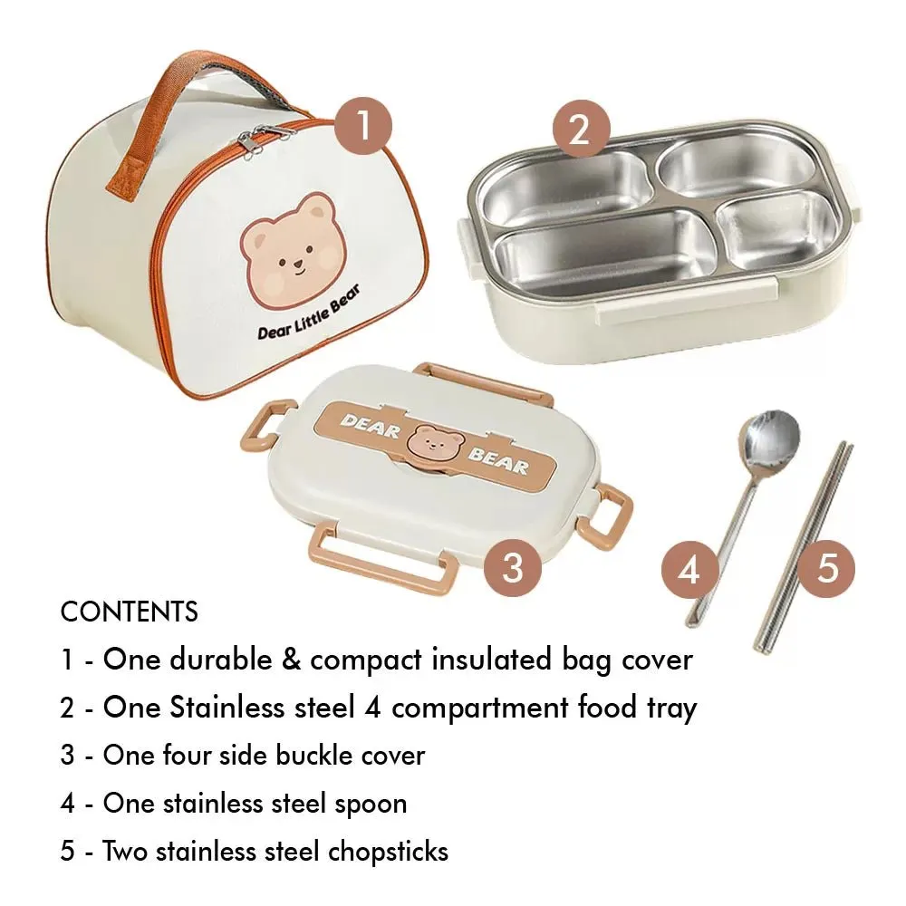 Medium Size Stainless Steel Lunch Box /Tiffin with Insulated Matching Vertical Lunch Bag for Kids and Adults, Cream Brown Bear with Steel Spoon and Steel Chopsticks for Kids and Adults