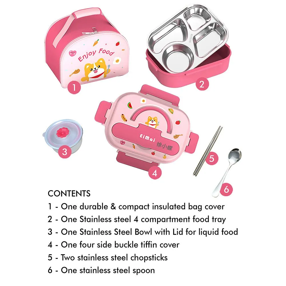 Pink Foxy Big Size Stainless Steel Lunch Box /Tiffin with Insulated Matching Lunch Bag, stainless steel spoon and chopsticks for Kids and Adults