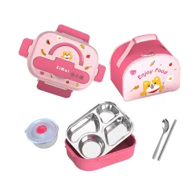 Pink Foxy Big Size Stainless Steel Lunch Box /Tiffin with Insulated Matching Lunch Bag, stainless steel spoon and chopsticks for Kids and Adults