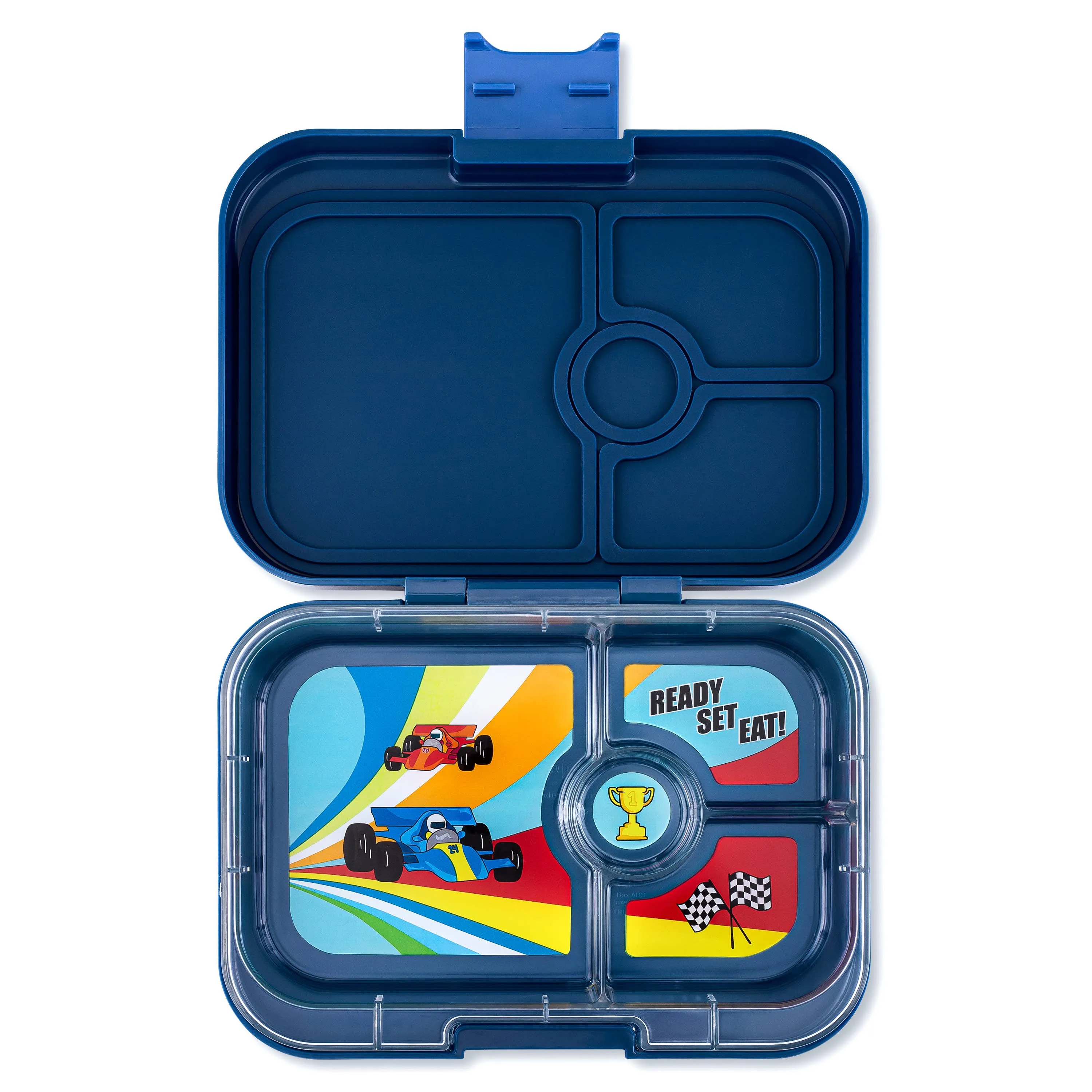 Yumbox Panino 4 Compartment Bento Box: Monte Carlo Blue - Race Car Tray